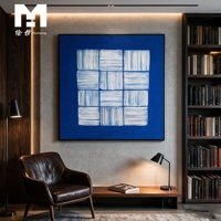 Wohndekor 100% Handgemaltes Leinwandbild Kreative Wandkunst 3D Linien Blaues Quadratgitter Strukturiertes Abstraktes Ölgemälde mit Rahmen
