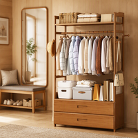 Porte-vêtements autoportant simple en bambou avec tiroirs, armoire ouverte, organisateur de vêtements multifonctionnel pour salon et chambre à coucher