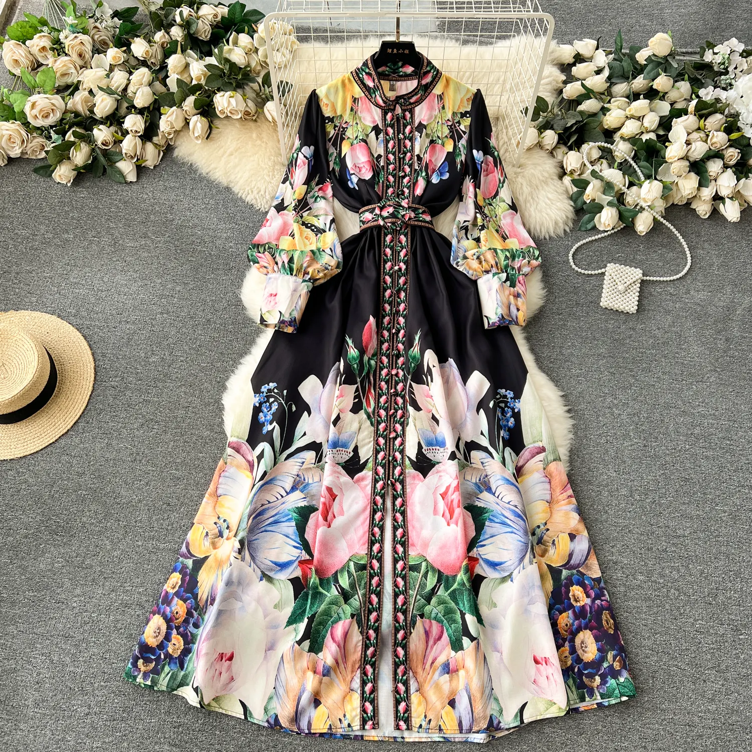 ZT1255 Vintage fleur robe col montant bulle manches printemps femmes imprimer tempérament maxi robe