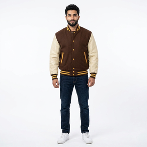 Chaqueta Estilo Universitario para Hombre en Marrón y Crema, Mangas de Cuero, Ribete Acanalado a Rayas, Botones a Presión, Ropa Urbana de Moda - Product Image 1