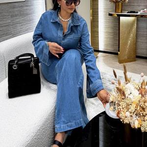 Nieuwe dames lange mouw revers zak top met strik rechte broek denim <span class=keywords><strong>2</strong></span>-delige set mode - Product Image 4