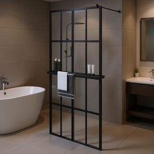 Paroi de douche noire avec étagère, 35,4x76,8 pouces, verre ESG, cadre en aluminium, design industriel - Product Image 2