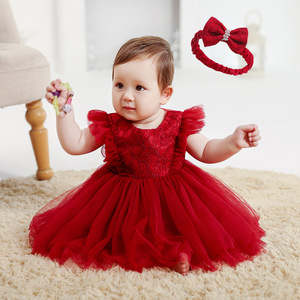 Abito da Battesimo Ricamato per Bambina 0-2 Anni, Vestito Rosso Vaporoso e Bellissimo per Feste di Compleanno - Product Image 1