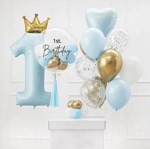 Prince princesse fille garçon 1er 2e anniversaire fête rose bleu grande couronne numéro feuille ballons hélium trucs ballons confettis ballons - Product Image 1