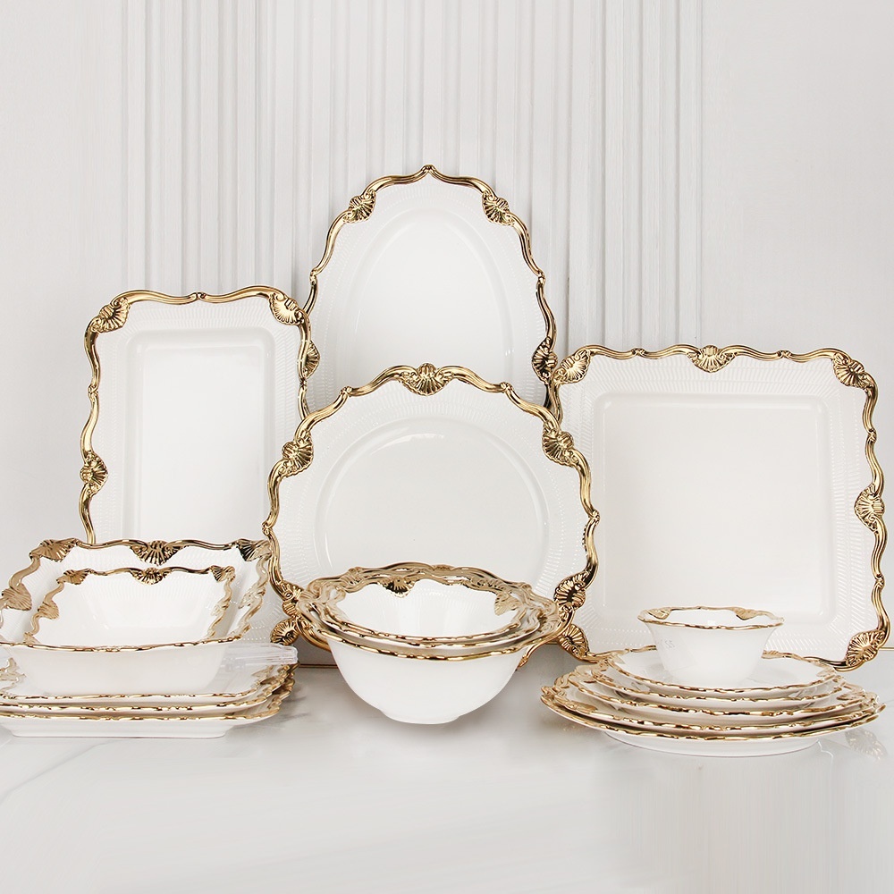 大相撲高級皿セット 5枚セット白地 金色装飾 Luxury-Ceramic-Dinnerware-Set-