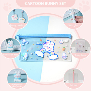 Bộ văn phòng phẩm 7 món bao gồm hộp bút chì, gọt bút chì, băng chỉnh sửa, Sổ ghi chép keo rắn, Hoa Văn Thỏ trung tính - Product Image 3