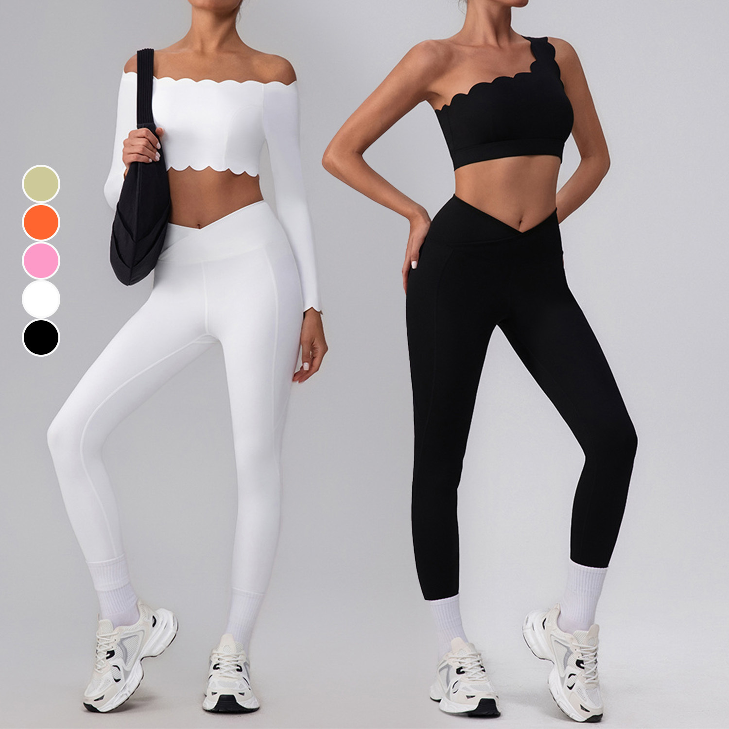 New Off-shoulder Long Sleeved Sport Tights Women Suit Lace One-Shoulder Yoga Bra High Waist Fitness Pants Sports Wear Women Set