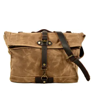 Men Vintage Waxed Canvas With Leather Vertical Messenger Briefcase Bag Satchel Bags