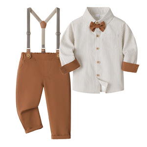 Nouvelle Arrivée Ensemble Chemise Rayée à Manches Longues et Pantalon à Bretelles pour Garçons Tenue Formelle pour Tout-Petits Fournisseur ODM OEM - Product Image 1