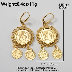 Boucles d'oreilles tendance pour femme en cuivre lisse, durables, élégantes, superposées, ornées de pièces de monnaie Napoléon de la Cour Française, compactes, brillantes et intemporelles - Product Image 6