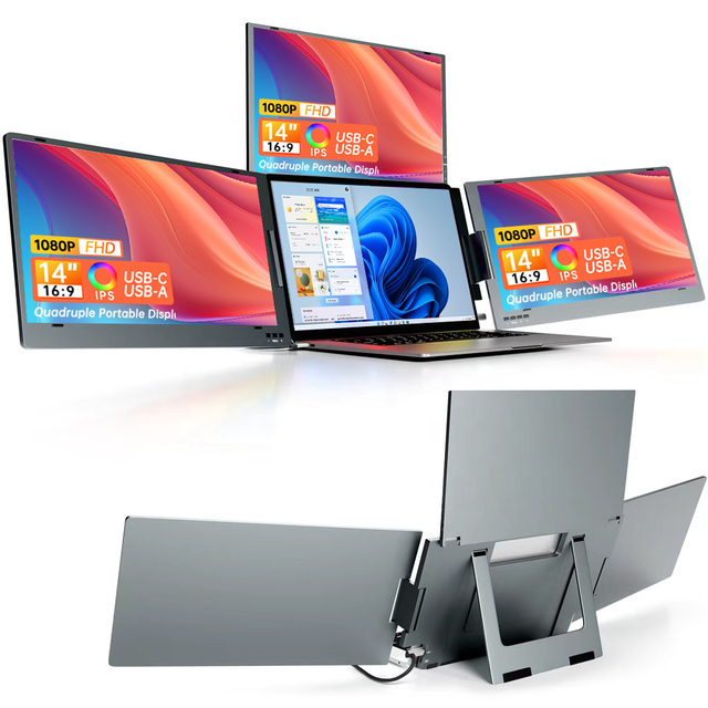 Eimio 14" FHD IPS 4-Screen Portable Monitor Foldable Holder Extended Screen Type-C Interface Quad Screen Monitor Portable OEM