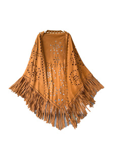 Boho Suede Fringe <b>Poncho</b> - Ethnic Cutout Cape Shawl, Loose Fit & Flattering Open Cardigan for Women - Product Image 1