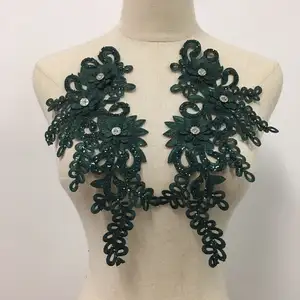 에메랄드 그린 메탈릭 레이스 패치 수제 반짝이 구슬 레이스 여성용 드레스