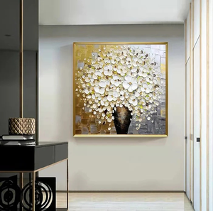 Hand Painted White Floral Oil Painting with Gold Texture Modern <b>Canvas</b> Wall Art for Home Decor - Product Image 4