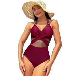 Wholesale one-piece swimsuit female sensual bikini large size plus pop women swimsuit solid color mesh bikini sexy swimsuit