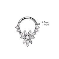 Anneau segmenté articulé en acier inoxydable 316L avec fleur en CZ baguette, acier chirurgical PVD, calibre 16, piercing à clic