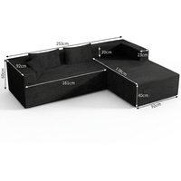 Canapé d'angle moderne en velours côtelé noir, deux places, avec chaise longue, assise profonde, accoudoirs extra larges, support lombaire, rembourrage en mousse, idéal pour appartement