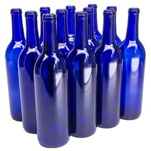 750ml 유리 보르도 골동품 와인 병 25oz 플랫 하단 블루 라운드 유리 와인 병 소프트 씰링 코르크