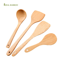 Ensemble de spatules et cuillères en bois à long manche antiadhésives, 4 pièces, ustensiles durables à laver à la main pour la cuisine à domicile