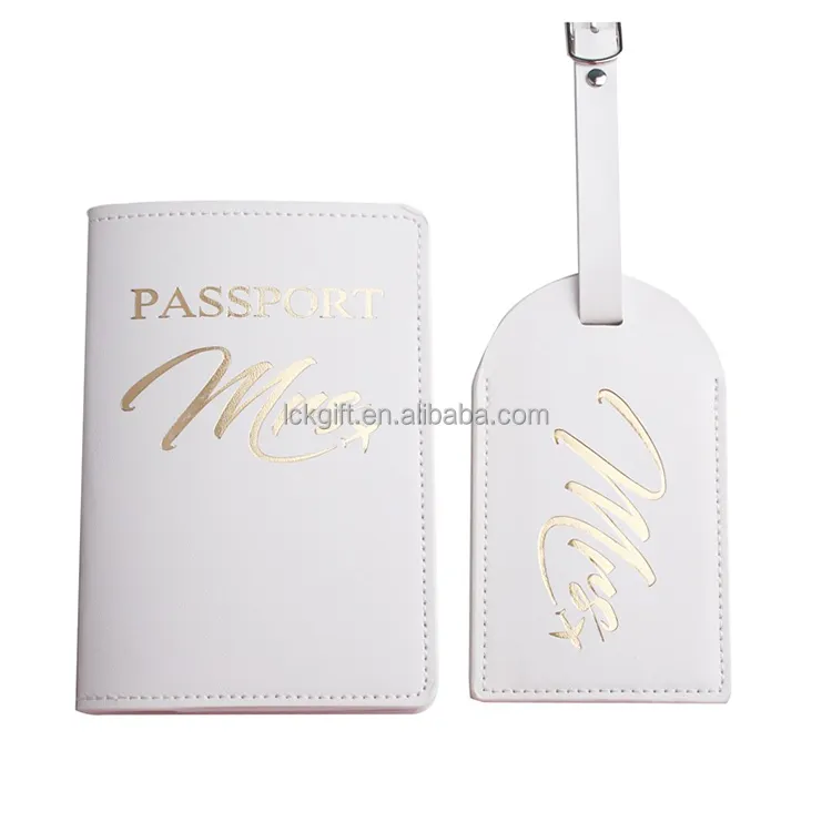 Promotional Cheap Ladies' White Mrs Leather Passport Cover and Luggage Tag Set Card Holder