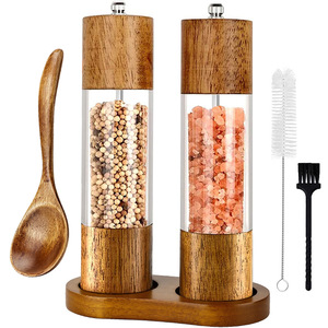 Moulin à sel manuel au design moderne, capacité 100 ml, cœur en céramique, outils de cuisine – Boîte à épices en bois ancien et acrylique, utilisation manuelle - Product Image 1