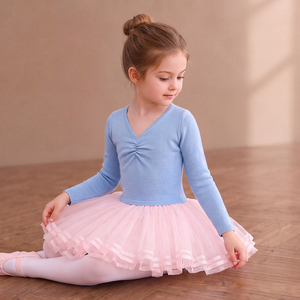Justaucorps de ballet rose à manches longues avec jupe en tulle, robe de danse pour filles, vêtements de scène pour enfants - Product Image 5