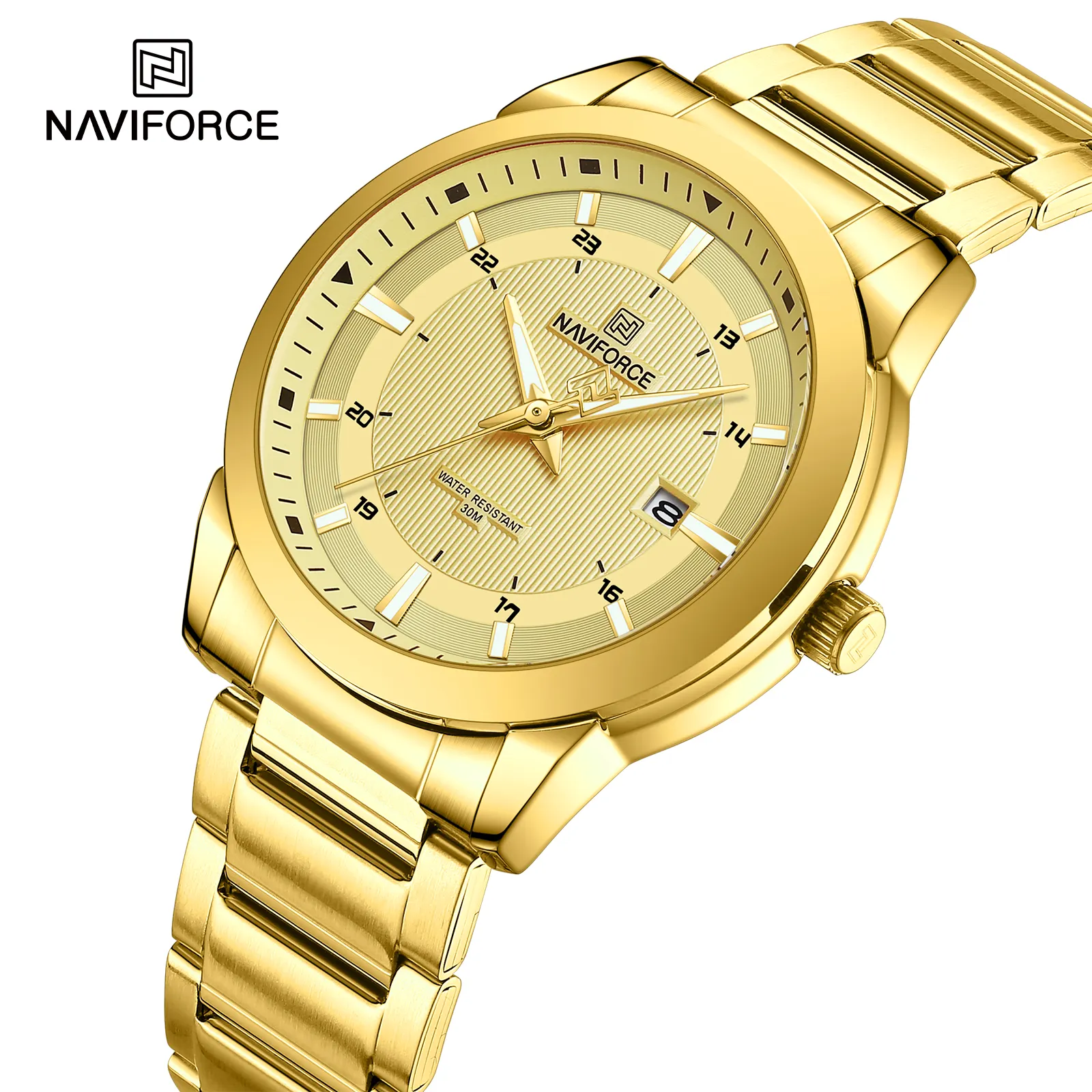 NaviforceNF8029新しいデザインステンレス鋼バンドマンクォーツ時計専用d耐水性日付表示文字