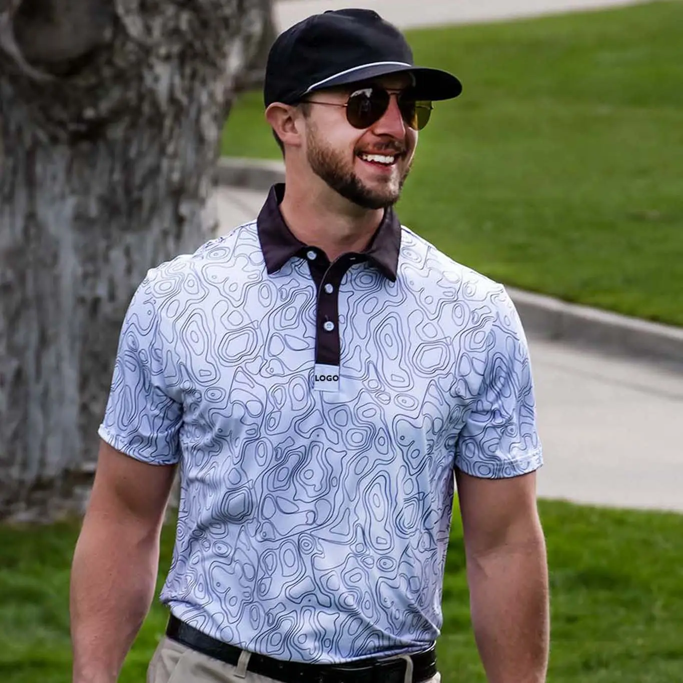 Polo de golf masculino personalizado, camisa de golfe orgânica alta spf 30 de poliéster 75% spandex 25% com estampa completa
