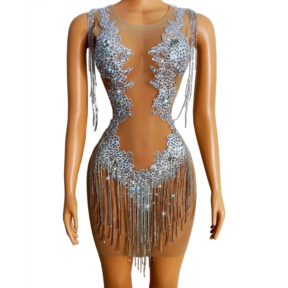 Novance Rhinestone Dress Sexy Transparent Prom Celebrity Dresses Sexy Birthday Dress Bar Evening Women 