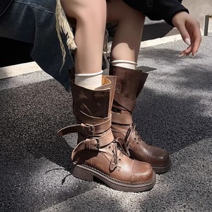 Bottes mi-mollet en cuir pour femme, style western, à boucle vintage, talon moyen, semelle épaisse, automne-hiver - Product Image 4