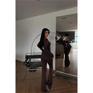 Ensemble décontracté deux pièces à rayures marron, vêtements de sport été et automne, coupe ajustée, taille XL, haut et pantalon en tissu tricoté - Product Image 1