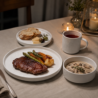 Service de vaisselle de luxe en grès blanc ondulé émaillé avec assiettes plates, bols à soupe et tasses - Service pour 4 personnes, compatible lave-vaisselle et four