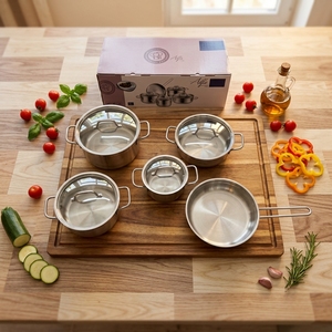 Set di Pentole <span class=keywords><strong>KORKMAZ</strong></span> in Acciaio Inox 201 Non Rivestito a Doppio Fondo, 9 Pezzi, Regalo per l'Esportazione Transfrontaliera - Product Image 3