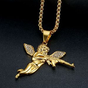 Collier Pendentif Unisexe en Acier Titane Plaqué Or 18K avec Zircone Cubique, Style Hip Hop, Punk, Rock, Rapper, <span class=keywords><strong>Vengeance</strong></span>, Pistolet - Product Image 1