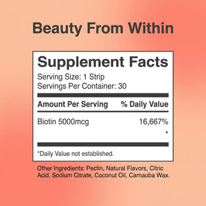 Tiras de Suplemento de Biotina Beauty From Within 5000mcg para el Crecimiento del Cabello y Cuidado de la Piel, 30 Unidades, Formato Gomoso Natural - Product Image 2