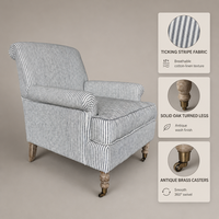 Fauteuil d'appoint en lin rayé avec accoudoirs enroulés, pieds en chêne massif et roulettes en laiton antique pour salon et hôtel
