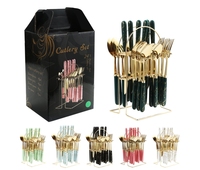 Vaisselle en acier inoxydable 24 pièces chaude manche en marbre de luxe léger couteau à dîner principal fourchette cuillère cuillère à café avec support coffret cadeau