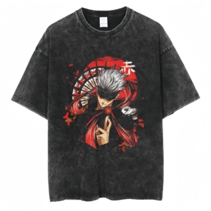 T-shirt d'été en jersey de coton inspiré de l'anime Harajuku, à manches courtes, technique de lavage à l'acide, imprimé en relief, coupe ample, 300 grammes, motif personnage - Product Image 1