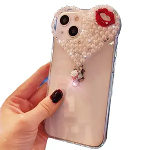 Bling jewelry love heart shaped tpu diamond case for iphone 11 girls phone case nice Pearl 14 pro max 12 13 women red lips Case