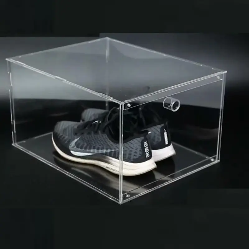 कस्टम पारदर्शी स्पष्ट foldable ड्रॉप सामने एक्रिलिक प्लास्टिक वियोज्य स्नीकर बॉक्स उच्च-दुकान दुकानों के लिए एड़ी के जूते प्रदर्शन बॉक्स