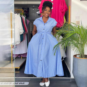 Manifattura stile personalizzato o Logo ODM moda monopetto da donna spogliata Maxi abiti stampati elegante abito lungo a linea - Product Image 3