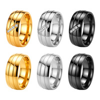 Bague de mariage tendance en acier inoxydable 304 avec zircon double rainure inclinée de 8 mm, polie, étanche, pour couple, vente en gros