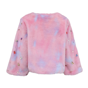 Veste en peluche tie-dye rose et bleue pour filles, hiver 2026, avec ornements 3D de dessins animés, col rond, coupe courte, pour les 3-14 ans - Product Image 3