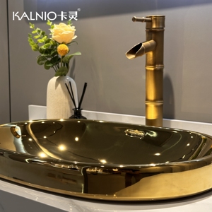 Moderno lavabo Semi-integrato più venduto, lavabo ovale in ceramica, lavabo dorato-Hotel Premium - Product Image 5