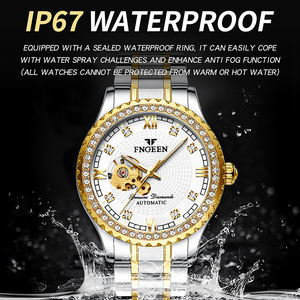 นาฬิกาข้อมือผู้ชาย Oem Odm Fegeen8073 ระบบจักรกลอัตโนมัติ ตัวเรือนสแตนเลสสตีล กันน้ำ เรืองแสง สายแบบซ่อน ตัวล็อคแบบเพชร แฟชั่น ดีไซน์โปร่งสีทอง - Product Image 4