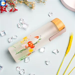 bpa free custom printing frosted water glass bottle silicone spraying with bamboo lid