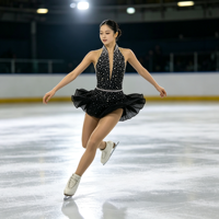 Robe de patinage artistique noire à col licou et décolleté en V profond, entièrement ornée de strass, avec jupe à dos ouvert ajouré, pour enfants, en Spandex/Nylon, pour compétition et spectacle sur glace