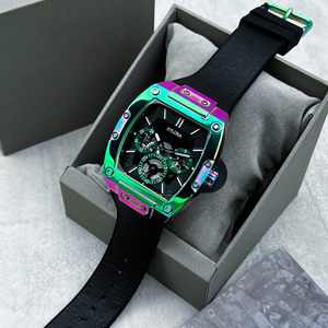 Montre multifonction tendance pour <span class=keywords><strong>homme</strong></span>, cadran à motif soleil, cadran ajouré, boîtier rectangulaire, bracelet en silicone et <span class=keywords><strong>cuir</strong></span> - Product Image 5