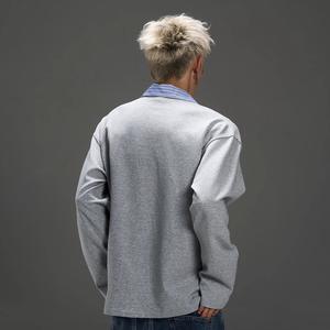 Chemise à manches longues pour homme, style deux-pièces, rayée, patchwork, col rabattu américain, en laine, tendance, design haut de gamme, pour l'hiver - Product Image 3