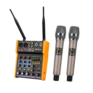 אודיו ערבוב עם UHF אלחוטי מיקרופון 4 ערוץ סטריאו מיקסר קונסולת USB עבור DJ קריוקי מחשב שיא ציוד
